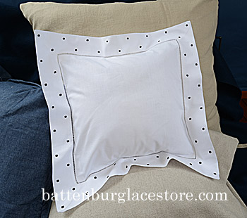 Hemstitch Baby Pillow, Black polka dots, 12 x 12"